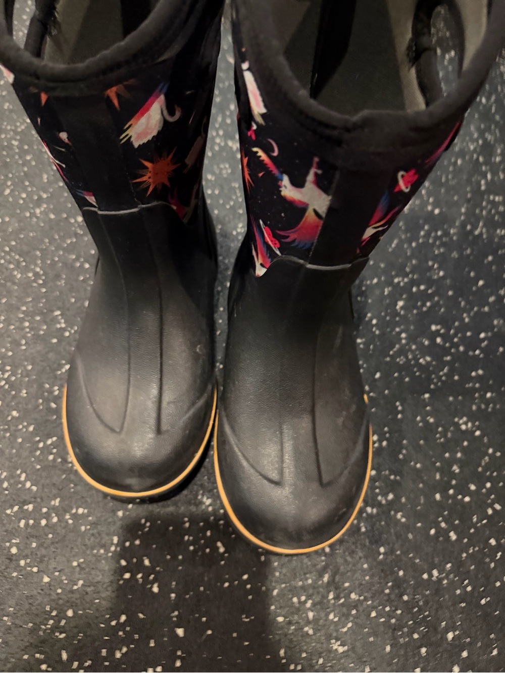 Kids BOGS Unicorn & Swan Rain Boots - Black with Pink & Orange Accents
